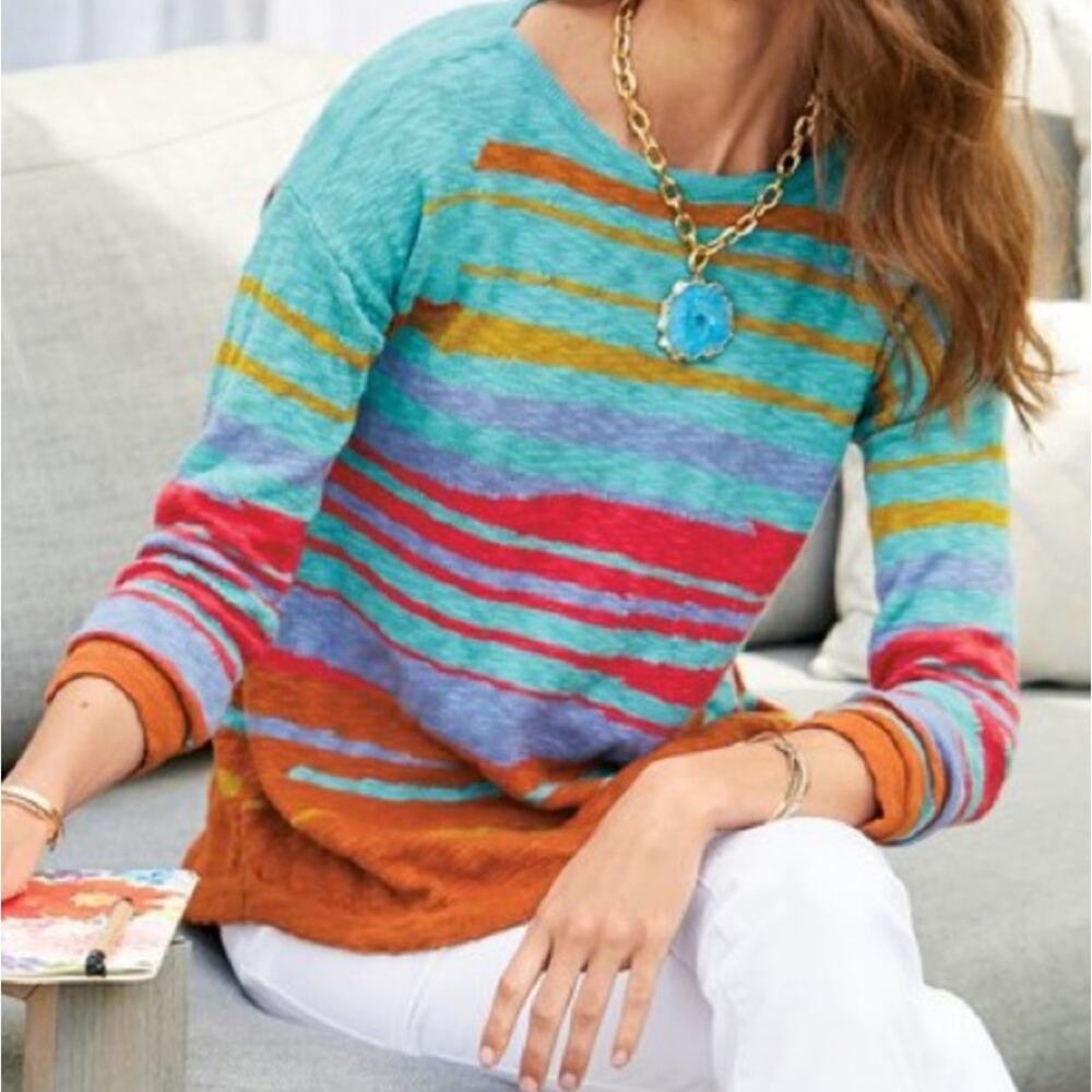 Soft Surroundings Verse Cotton Sweater Size Medium Striped Casual Summer Coastal